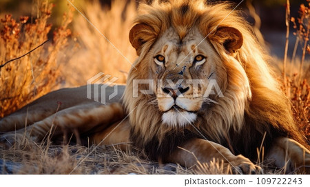 Big male African lion (Panthera leo) lying in the grass Big male African lion (Panthera leo) lying in the grass 109722243