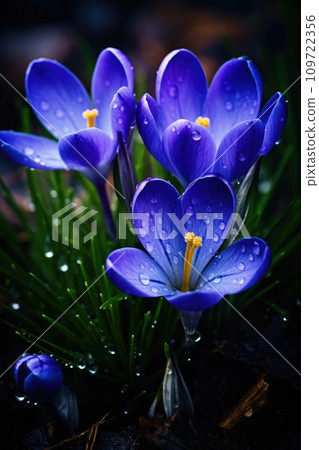 Spring flowers of blue crocuses with drops of water Spring flowers of blue crocuses with drops of water 109722356