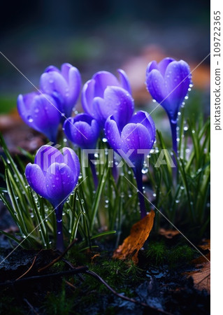 Spring flowers of blue crocuses with drops of water Spring flowers of blue crocuses with drops of water 109722365