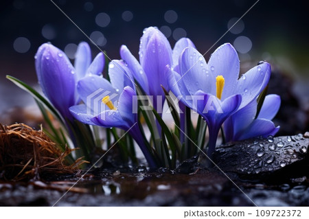 Spring flowers of blue crocuses with drops of water Spring flowers of blue crocuses with drops of water 109722372