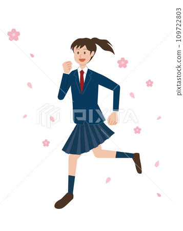 Illustration of a female student running in a cherry blossom snowstorm 109722803