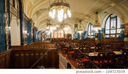 Stylization of the interior design of an old restaurant in the center of Prague Stylization of the interior design of an old restaurant in the center of Prague 109723039