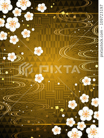 Plum, Japanese style, background, illustration, design, Japanese pattern, simple, golden, vertical 109723197