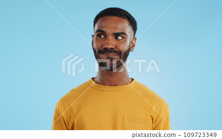 Thinking, anxiety and stress of black man in studio isolated on a blue background mockup. Challenge, fear and scared person worry for financial crisis, bankruptcy and doubt mistake, nervous and fail 109723349
