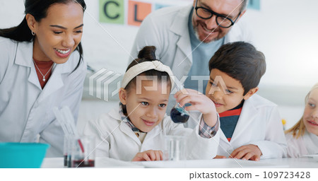 Science, education and students in a classroom with their teachers for learning or to study chemistry. Children, school and scholarship with kids in a lab for an experiment of chemical reaction Science, education and students in a classroom with their teachers for learning or to study chemistry. Children, school and scholarship with kids in a lab for an experiment of chemical reaction 109723428