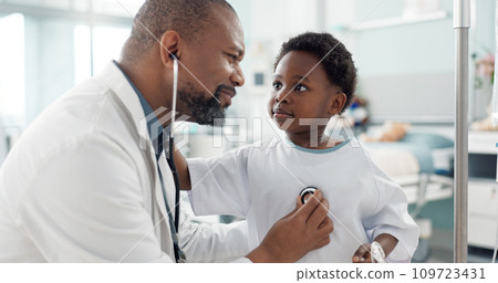 Doctor, African kid and stethoscope for breathing, check or smile for recovery from surgery, treatment or health. Child patient, medic or tools for medical exam, inspection or talk for rehabilitation 109723431