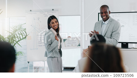 Business man, woman and diploma in office, presentation and handshake for performance, goal and success. African CEO, young happy employee and certificate for achievement, thanks or smile at workshop 109723506