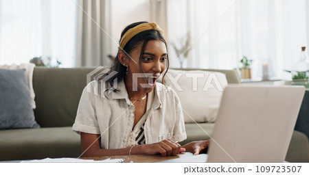 Wow, laptop and happy woman with remote work success, surprise and good news from email. Shock and job promotion with win achievement and online announcement from app in a living room with winner 109723507