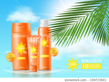 Sunscreen ad poster mockup with realistic sun protection skincare products. Sunscreen ad poster mockup with realistic sun protection skincare products. 109723601