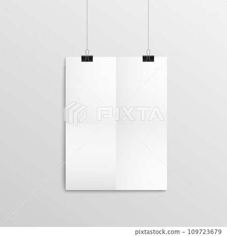 Blank piece of paper hanging on wall with black binder clips, empty mockup Blank piece of paper hanging on wall with black binder clips, empty mockup 109723679