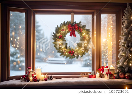 Cozy window with Christmas decor and warm light - inside view in winter and snow. celebrate Christmas and New Year, Christmas tree, bokeh, snow. AI generated 109723691
