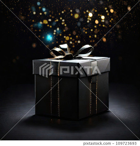 A black gift box on a black background with a magic light. Black Friday, Christmas, New Year. AI generated 109723693