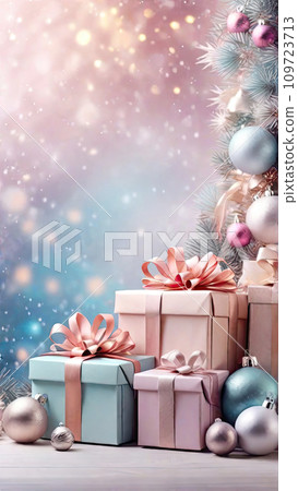 Christmas background with gift boxes with bows in delicate pink, beige, blue tones, bokeh and fairy light. Festive mood Christmas and New Year. AI generated 109723713