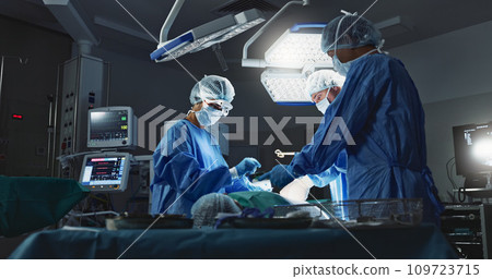 Doctors, team and surgery in theater with medical support for healthcare, safety and operation room at hospital. Surgeon, medicine and teamwork or collaboration with tools for cardiology or emergency 109723715