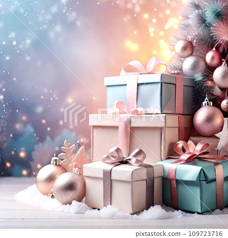 Christmas background with gift boxes with bows in delicate pink, beige, blue tones, bokeh and fairy light. Festive mood Christmas and New Year. AI generated 109723716