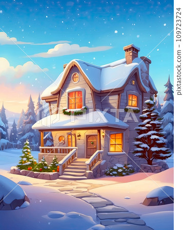 Cartoon Cozy wooden house in mountains at night with christmas trees and gifts in winter in the snow and snowfall with Christmas decor - holiday card. AI generated 109723724