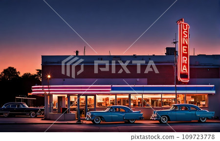 Vintage USA vibes: 60s outdoor dinner, neon signs, and cars 109723778