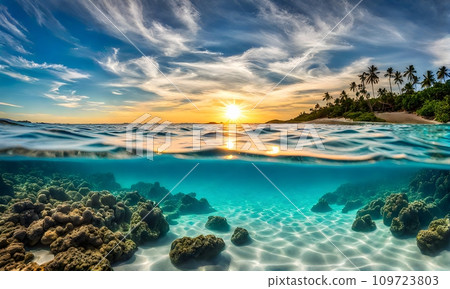 Underwater magic: Split view of sunlit sea and underwater scene 109723803