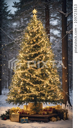 Fairy Christmas tree glows with warm fairy lights with golden decor in the forest in winter with snow, boxes with gifts are lying under fir tree. Christmas and New Year, festive mood, greeting card. Fairy Christmas tree glows with warm fairy lights with golden decor in the forest in winter with snow, boxes with gifts are lying under fir tree. Christmas and New Year, festive mood, greeting card. 109723813