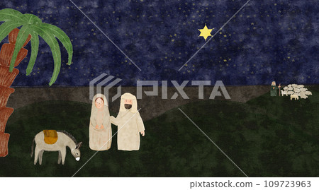 Watercolor Christmas nativity scene card on dark background Watercolor Christmas nativity scene card on dark background 109723963