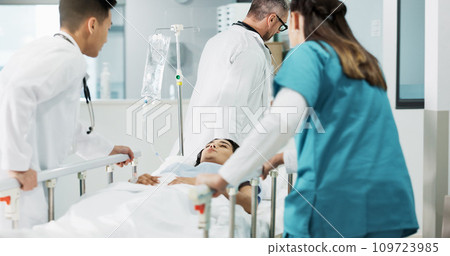 Doctors, patient and people push hospital bed, consulting and talking about healthcare service, wellness or surgery. Medical emergency, cooperation and hospital team, nurses or surgeon helping client Doctors, patient and people push hospital bed, consulting and talking about healthcare service, wellness or surgery. Medical emergency, cooperation and hospital team, nurses or surgeon helping client 109723985