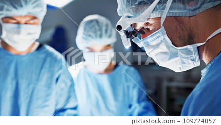 Surgery, hospital and doctor with face mask for operation, medical emergency and service in theater. Healthcare, procedure and closeup of surgeon with light for patient injury, wellness and accident 109724057