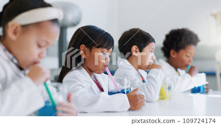 School kids, experiment and liquid for science, learning and classroom for gas, idea and knowledge in lab. Children, boy and girl with studying, container or scholarship for innovation with straw 109724174