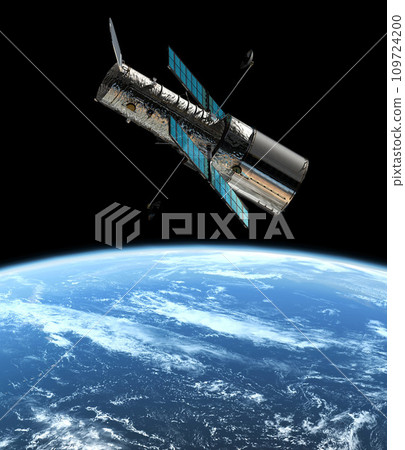Space, earth and satellite in orbit for communication, surveillance and global research. Aerospace, engineering and spacecraft for data transmission, tracking and navigation for planet observation. 109724200