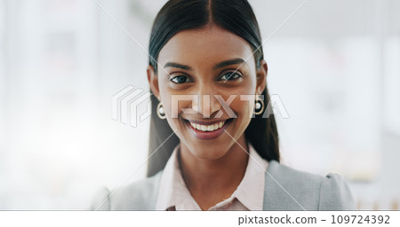 Business woman, portrait and smile on face in an office with confidence and career pride. Professional entrepreneur person from India at corporate company with positive attitude and happiness 109724392