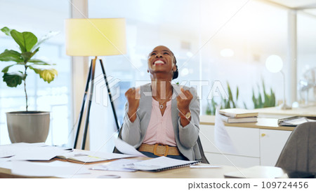 Success, winning and black woman accountant celebrate financial bonus, growth and achievement in company office. Paperwork, document and professional employee excited and happy for deal or increase Success, winning and black woman accountant celebrate financial bonus, growth and achievement in company office. Paperwork, document and professional employee excited and happy for deal or increase 109724456