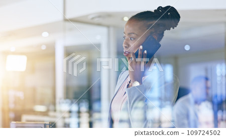 Business woman, phone call and thinking by window in communication, human resources networking and decision. African worker talking on mobile with reflection, ideas and solution for company employees Business woman, phone call and thinking by window in communication, human resources networking and decision. African worker talking on mobile with reflection, ideas and solution for company employees 109724502