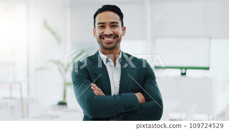 Portrait of businessman with smile in office, arms crossed and confident project manager at engineering agency. Face of happy man, design business leader with pride and positive mindset at startup. 109724529