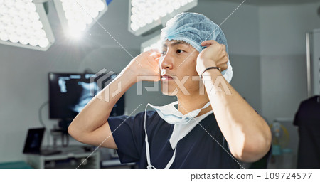 Surgery, doctor and man with face mask in hospital theatre for medical service, preparation and operation. Healthcare, safety scrubs and person with uniform for emergency, procedure and protection Surgery, doctor and man with face mask in hospital theatre for medical service, preparation and operation. Healthcare, safety scrubs and person with uniform for emergency, procedure and protection 109724577