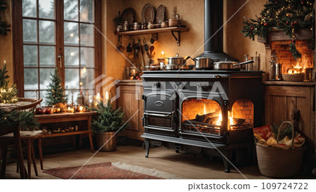 Cozy village kitchen with Christmas decor and a cast iron stove fireplace, new Year's mood, preparing for the holiday, utensils. Merry Christmas and Happy New Year greeting card, home warmth. AI 109724722