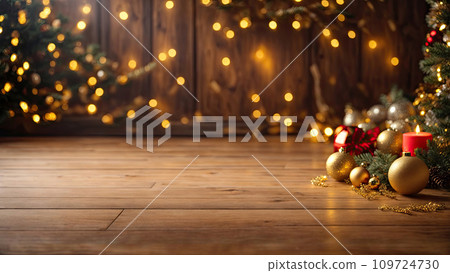 Empty wooden floor in brown and gold tones for product display with a wall in the interior of the room, with a Christmas decor. Copy space, Christmas and New Year. AI generated 109724730