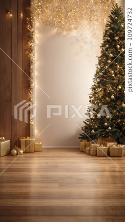 Empty wooden floor in brown and gold tones for product display with a wall in the interior of the room, with a Christmas decor. Copy space, Christmas and New Year. AI generated 109724732