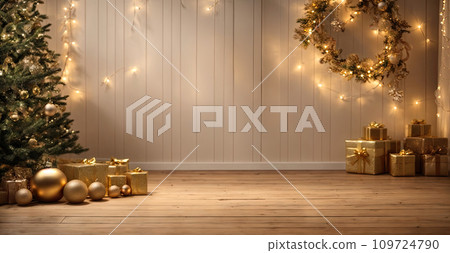 Empty wooden floor in brown and gold tones for product display with a wall in the interior of the room, with a Christmas decor. Copy space, Christmas and New Year. AI generated 109724790