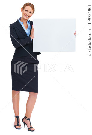 Woman, portrait and poster mockup in studio for communication news, information or business contact. Female person, board and advertising as corporate worker for about us, signage on white background Woman, portrait and poster mockup in studio for communication news, information or business contact. Female person, board and advertising as corporate worker for about us, signage on white background 109724901