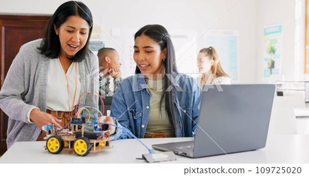 Technology, car robotics and student on laptop, teacher and happy for project in classroom, education or learning with electronics. Innovation, school kid and science class for transport knowledge Technology, car robotics and student on laptop, teacher and happy for project in classroom, education or learning with electronics. Innovation, school kid and science class for transport knowledge 109725020