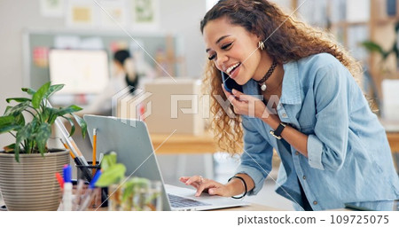 Woman, package and phone call in e commerce, logistics and stock management, online shop or customer support. Seller, supplier or fashion designer talking on mobile, inventory boxes or computer order 109725075