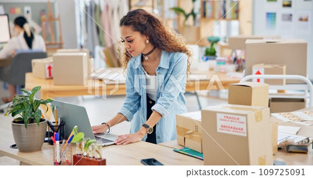 Woman, boxes and laptop for logistics, e commerce and stock management, online shop and stock management. Startup, small business owner or designer with package inventory, computer and website order 109725091