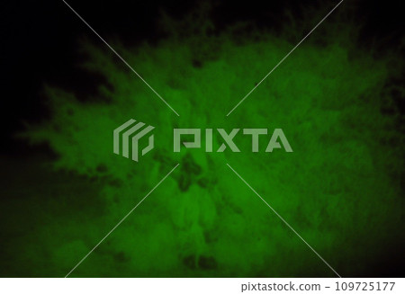 Night vision, army mission and a soldier pov in the forest for surveillance or tactical ambush. War, military and a person in the woods in the evening on a scouting assignment to search for intel 109725177