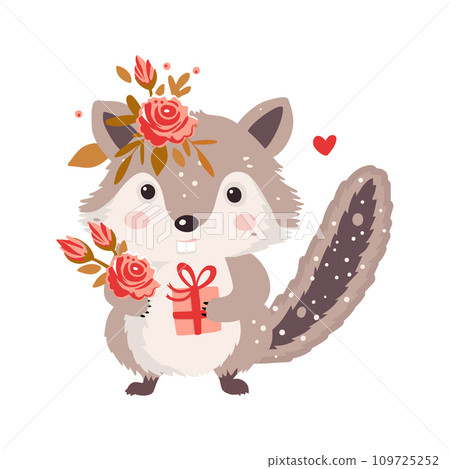 Cute chipmunk hackeehackee animal isolated character with gift and flower Vector happy funny greeting card for Valentine day and birthday. Cute chipmunk hackeehackee animal isolated character with gift and flower Vector happy funny greeting card for Valentine day and birthday. 109725252