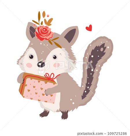 Cute chipmunk animal isolated character with gift and flower Cute chipmunk animal isolated character with gift and flower 109725286