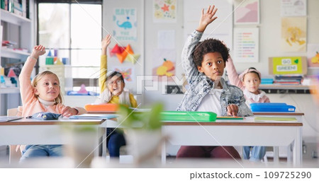 Education, question and answer with students in classroom for learning, discussion and knowledge. Help, studying and youth with children and hands raised at school for why, scholarship and future 109725290