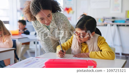 Teacher, girl and reading with question, book and classroom for education, question and mentorship for learning. Woman, development and student for goal, help or info with support, school or academy 109725321