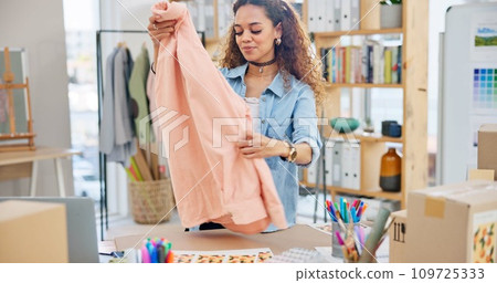 Small business, clothes and a woman with order box or logistics for fashion delivery or online store. Young entrepreneur person or startup company owner for e commerce, parcel or packaging of product Small business, clothes and a woman with order box or logistics for fashion delivery or online store. Young entrepreneur person or startup company owner for e commerce, parcel or packaging of product 109725333