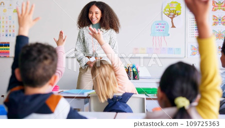 Help, question and teacher with students in classroom for learning, discussion and knowledge. Education, studying and hands raised with children and woman at school for why, scholarship and answer Help, question and teacher with students in classroom for learning, discussion and knowledge. Education, studying and hands raised with children and woman at school for why, scholarship and answer 109725363