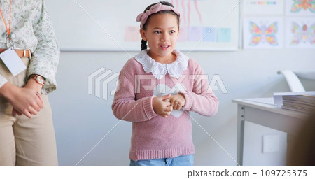 Girl child, classroom presentation and speech for oral assessment with teacher, development and language. Shy female kid, story and speaking for test, exam and education in class, school or academy Girl child, classroom presentation and speech for oral assessment with teacher, development and language. Shy female kid, story and speaking for test, exam and education in class, school or academy 109725375