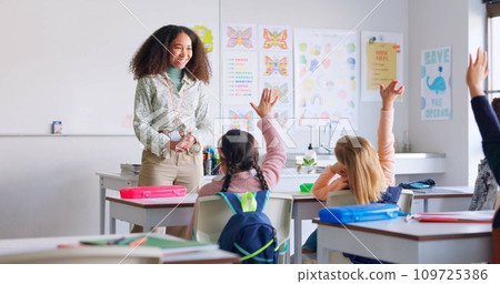 Education, answer and teacher with boy in classroom for learning, discussion and knowledge. Help, studying and hands raised with children and woman at school for why, scholarship and questions Education, answer and teacher with boy in classroom for learning, discussion and knowledge. Help, studying and hands raised with children and woman at school for why, scholarship and questions 109725386